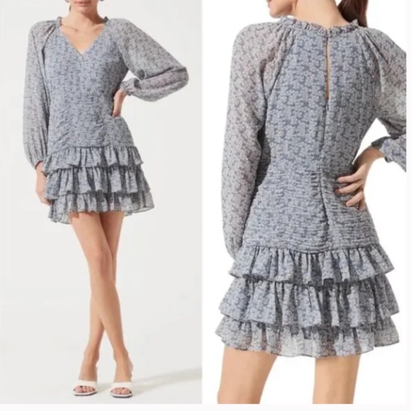 ASTR Blue Floral Tiered Ruffles Lagenlook Mini Dress XS - Picture 1 of 11
